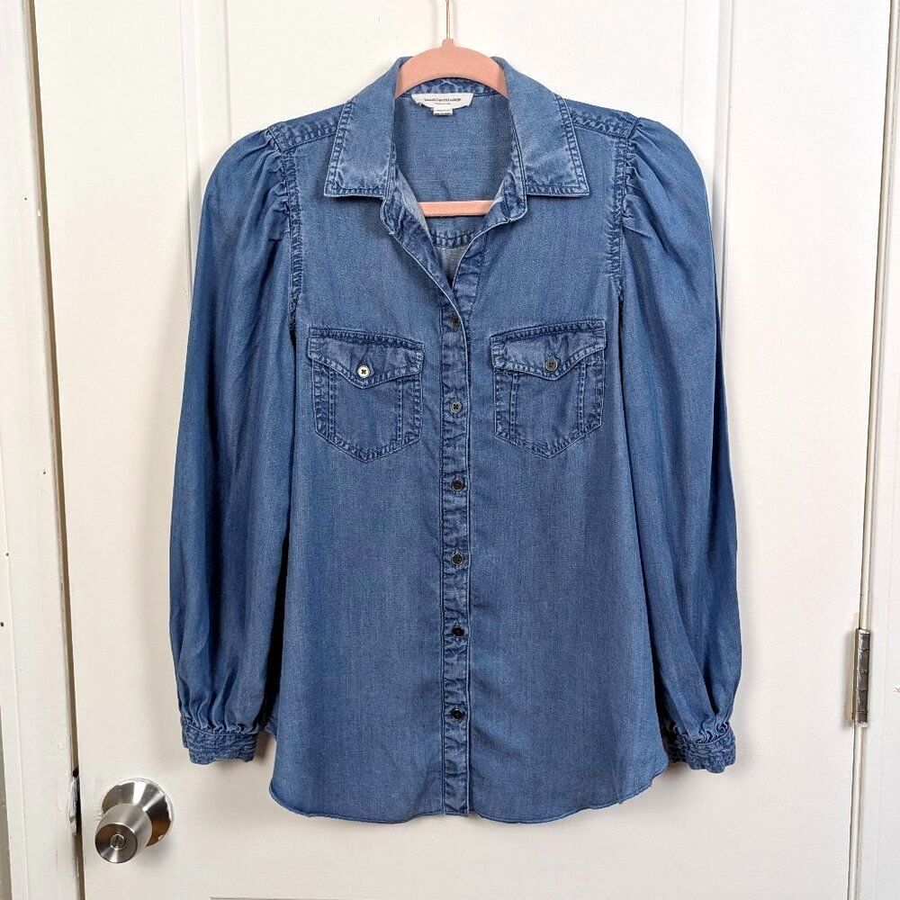 Beach Lunch Lounge | Blue Chambray Puff Sleeve Button Down Shirt Size Extra Smal